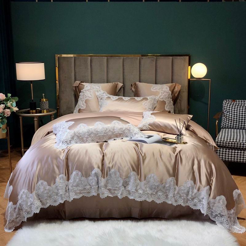 高档轻奢少女公主风进口蕾丝120S真丝棉长绒棉床上四件套丝滑柔软