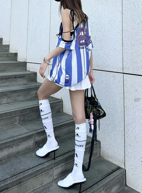 Dou多层拼接字母小腿袜女春夏白色辣妹运动骑行长筒堆堆网红INS潮