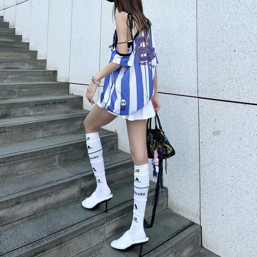 Dou多层拼接字母小腿袜女春夏