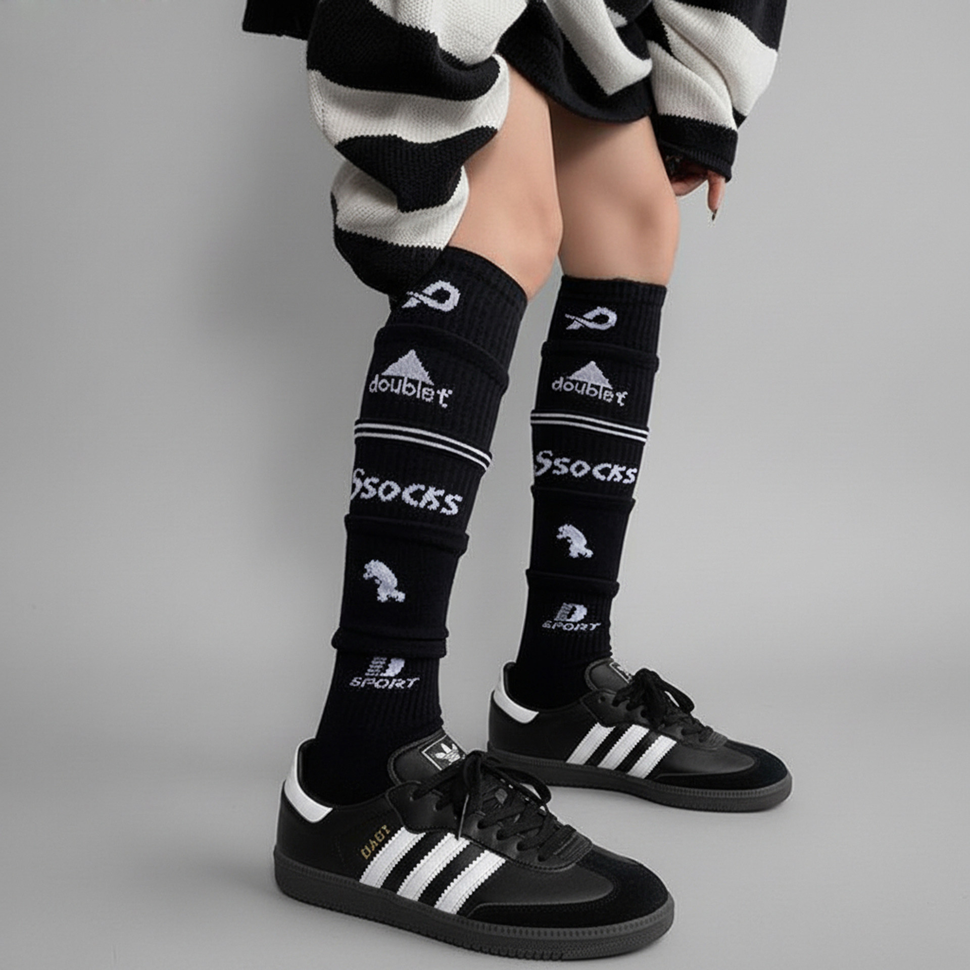 黑色Dou多层字母小腿袜女运动风辣妹足球袜长筒堆堆袜爆款INS潮袜