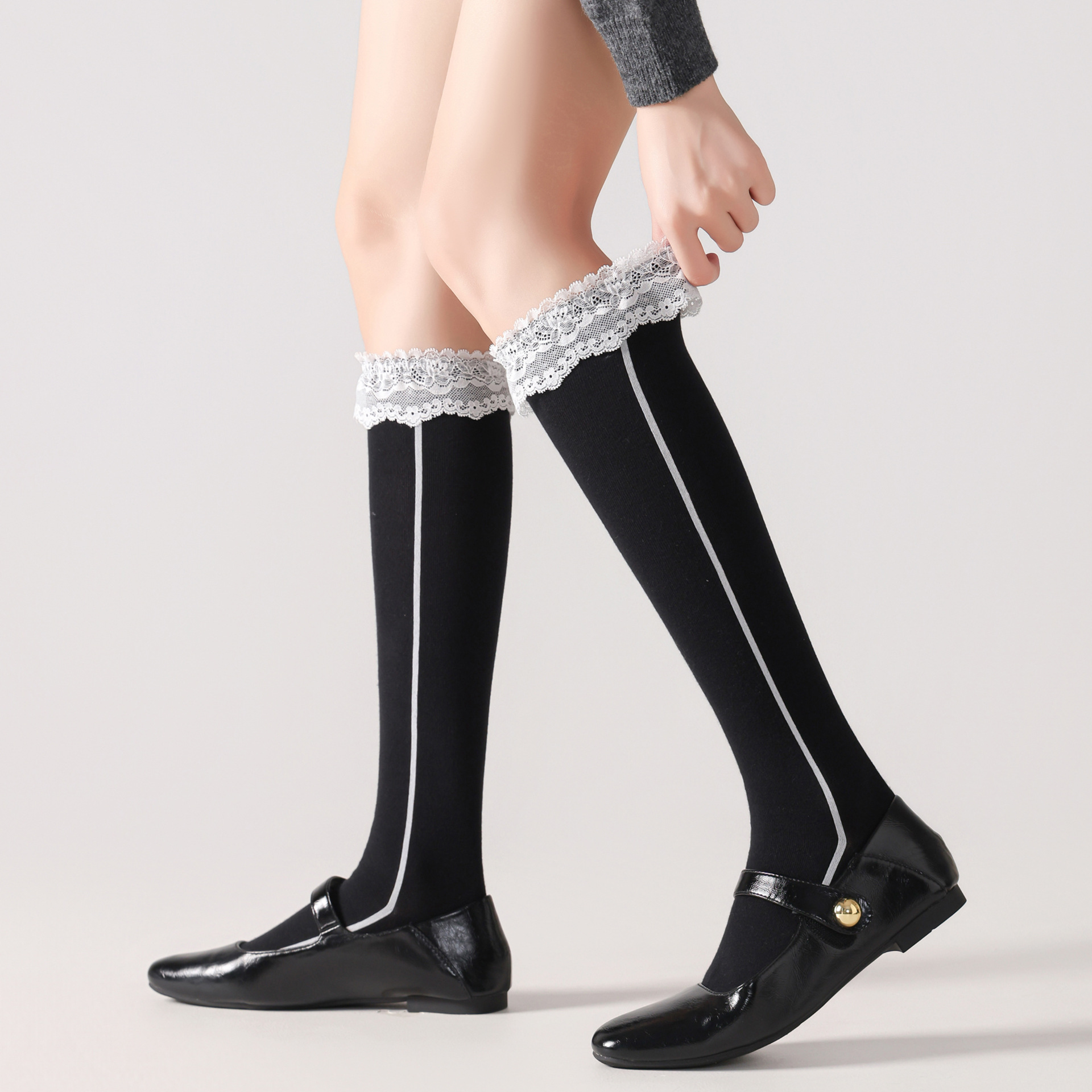 黑色MIU系花边小腿袜女秋冬保暖