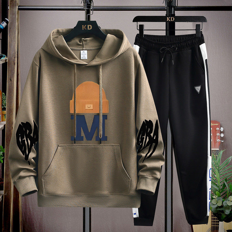 嘻哈风连帽卫衣男童春秋新款印花休闲套装青少年潮流宽松上衣学生