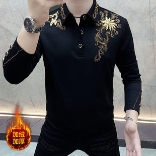 欧洲站轻奢刺绣衬衫领卫衣男加绒修身保暖男装POLO衫翻领秋冬打底