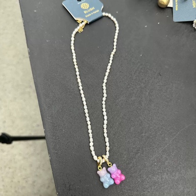 韩国Blush渐变色小熊项链天然淡水不规则小米粒珍珠毛衣链