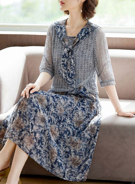 2026新款母亲节妈妈夏装短袖连衣裙套装中老年女雪纺碎花裙两件套