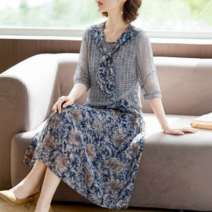 2026新款母亲节妈妈夏装短袖连衣裙套装中老年女雪纺碎花裙两件套