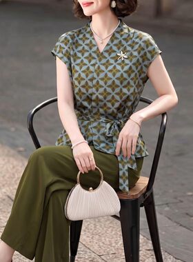 2026新款中年妈妈夏装套装新款贵夫人女装系带上衣裙裤两件套