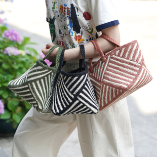 黄麻手工编织可拎收纳篮收纳框衣物购物旅行便携手拎袋可折叠包包