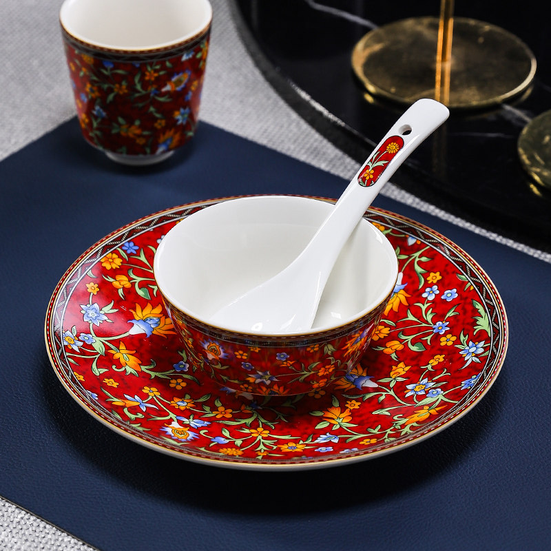 新中式复古高档酒店餐厅会所摆台骨质瓷餐具套装四件套碗盘勺杯,餐饮具,酒店餐具,淘宝优惠券,粉丝福利购,淘宝优惠卷