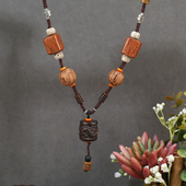 新中式 复古禅意檀木菩提项链女小众设计长毛衣链挂件文艺颈链配饰