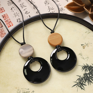 天然石黑玛瑙吊坠简约气质女长款项链新中式小众高级感毛衣链配饰