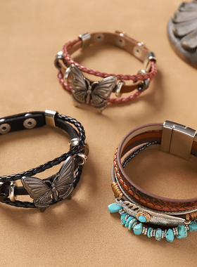 复古美拉德废土风牛皮叠戴手链