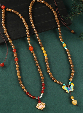 复古中式木珠景泰蓝项链女