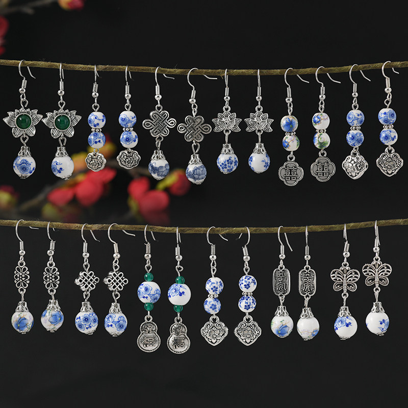 原创手工简约陶瓷耳环新中式复古国风青花瓷耳坠文艺民族风耳饰女