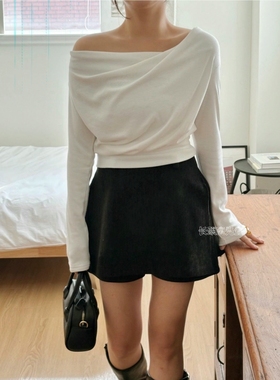 2025年秋冬新款韩国东大门直邮 ttu褶皱一字领棉质短款t恤