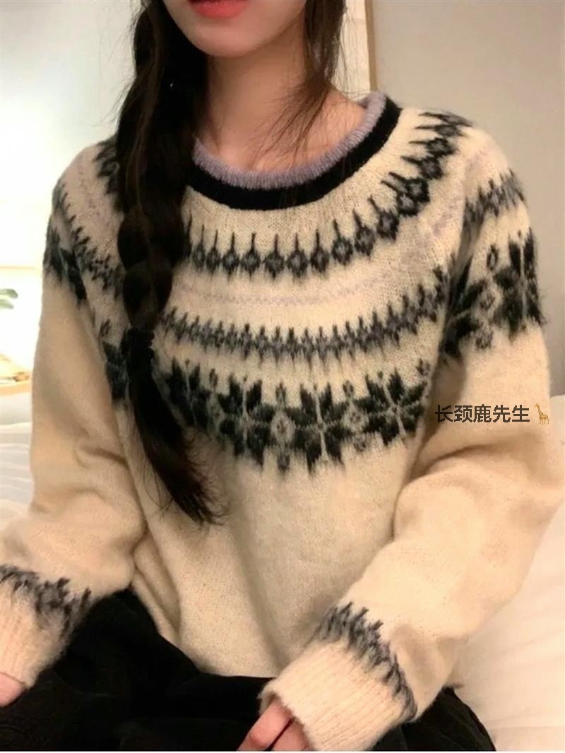 2026年春季新款韩国东大门 knit复古花纹圆领套头针织衫,女装/女士精品,毛针织衫,淘宝优惠券,粉丝福利购,淘宝优惠卷
