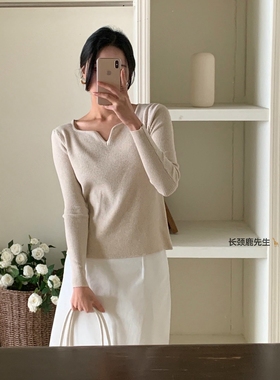 2026年春季新款韩国东大门 knit别致领口螺纹修身针织衫