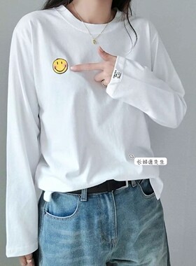 2024年秋冬新款韩国东大门直邮 ssen笑脸徽章棉质宽松t恤