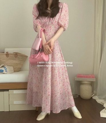 2023年春季新款韩国东大门直邮 imissyou短袖碎花雪纺连衣裙
