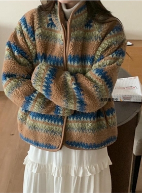 2025年秋冬新款韩国东大门直邮 femme复古花纹摇绒粒外套