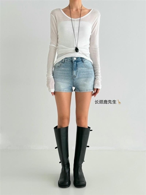 2026年春夏新款韩国东大门 yolk束腰式直筒牛仔短裤