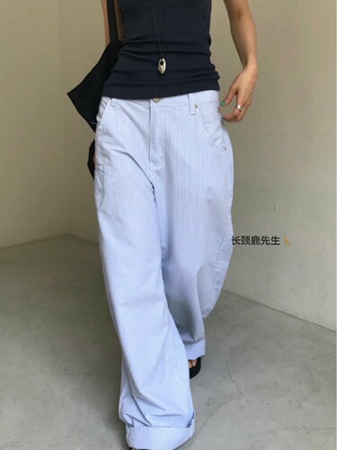 2026年春夏新款韩国东大门 1one束腰式竖条纹直筒工装裤