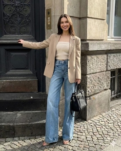 2026年春季新款韩国东大门 howluk束腰式拼接阔腿牛仔裤