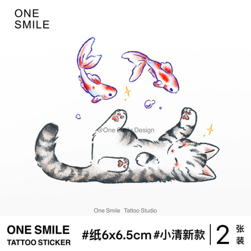 ONESMILE金鱼猫咪彩色纹身贴手绘