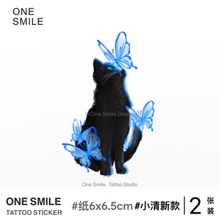 黑猫原创小众真实精致防水可爱纹身贴 爆款 蓝色蝴蝶猫 ONESMILE