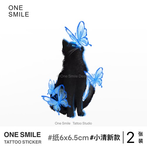 ONESMILE 蓝色蝴蝶猫 黑猫纹身贴防水持久可爱手臂卡通遮盖疤痕