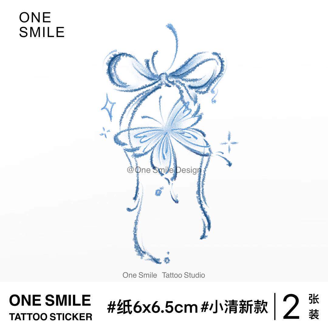 ONESMILE 蓝色蝴蝶结 彩色高级防水持久手臂女纹身贴个性锁骨学生