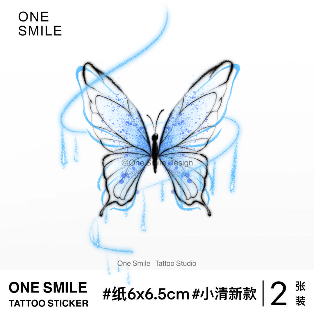 ONESMILE飘逸蓝色蝴蝶小清新彩色防水持久手臂女高级性感纹身贴