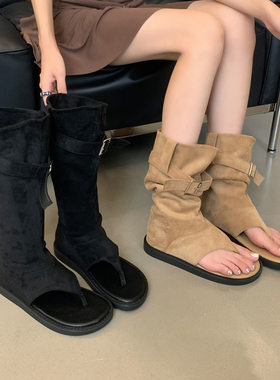 平底凉鞋女夏外穿新款工厂批发欧美凉靴时尚舒适罗马高筒夹脚凉鞋