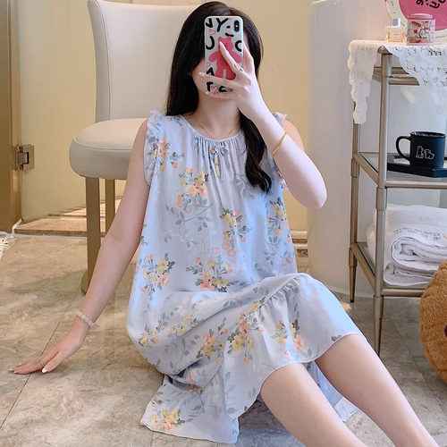 睡衣家居服女棉绸睡裙夏季国风大码无袖裙子甜美可爱卡通薄款绵绸