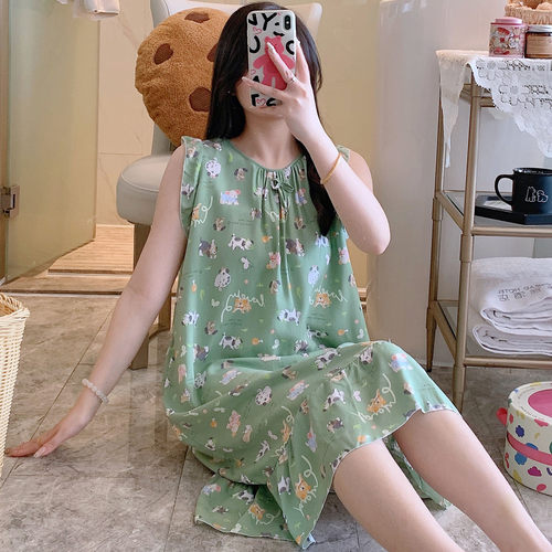 大码无袖夏季薄款国风裙子棉绸睡衣家居服绵绸女睡裙可爱甜美卡通