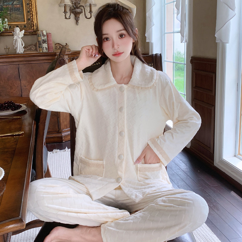 长袖秋冬珊瑚绒睡衣女款简约开衫春秋海岛绒女士保暖家居服可外穿