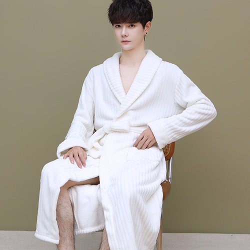 冬季加绒法兰绒睡袍加厚男士浴袍