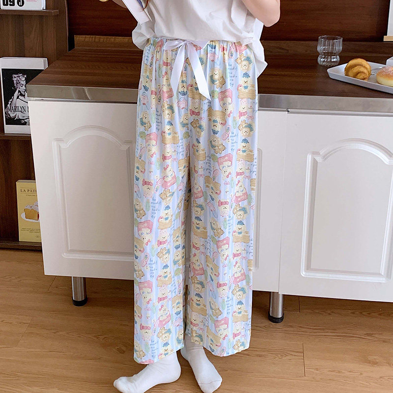 绵绸女家居裤长裤薄款夏天大码可外穿睡裤春秋卡通女人造棉绸睡衣