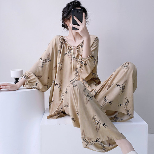 女人造棉绸睡衣可外穿夏国风长袖薄款两件套装春秋绵绸大码家居服