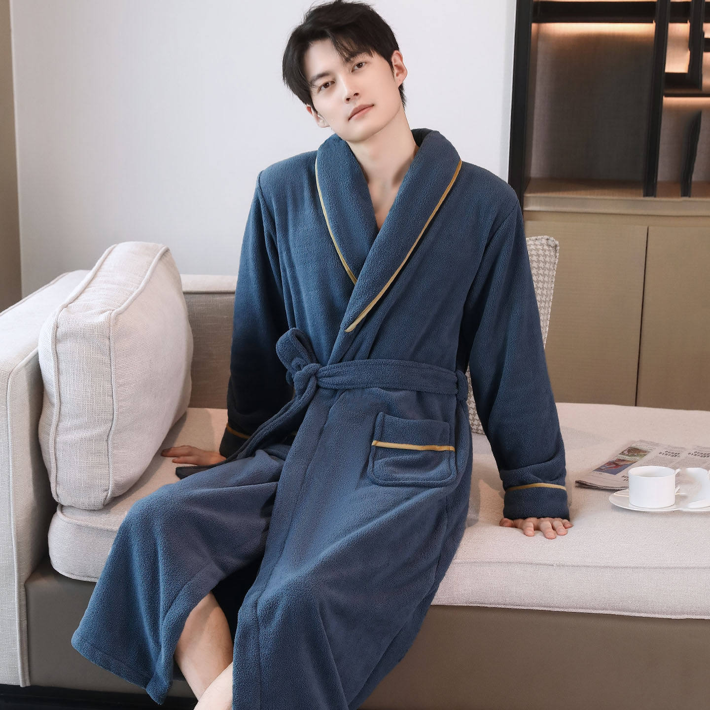 秋冬睡袍男士颗粒绒加厚保暖浴袍