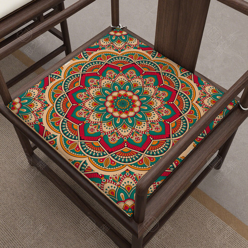 复古民族风曼陀罗花纹坐垫客厅椅垫茶楼书房圈椅太师椅防滑海绵垫