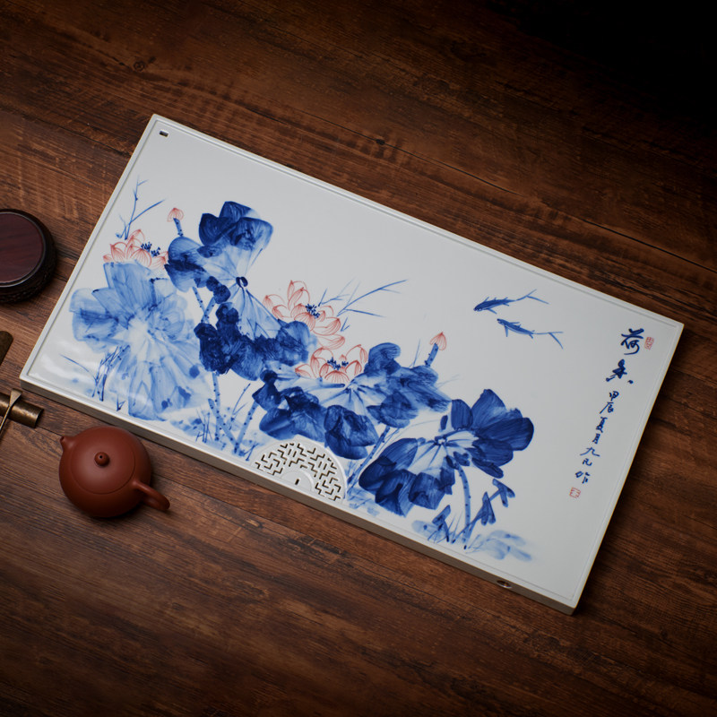 景德镇新中式茶具青花瓷干泡台茶盘储水茶台长方形干湿两用双层