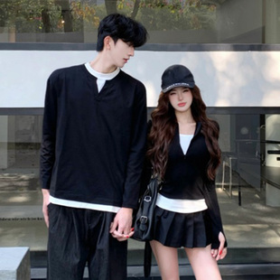 disoo情侣装春装2026夏季新款休闲运动套装假两件长袖高级感T恤