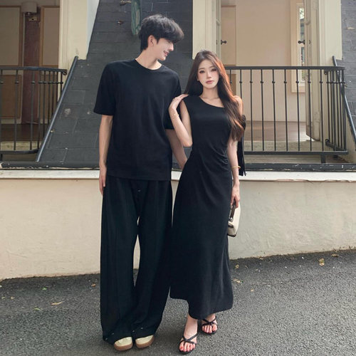 disoo情侣装夏装2026新款法式一裙一衣套装高级感男女连衣裙t恤
