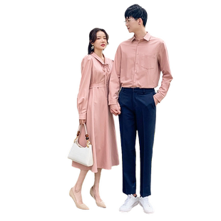 DISOO情侣装春装2026新款潮领证粉色结婚连衣裙套装一裙一衣衬衫