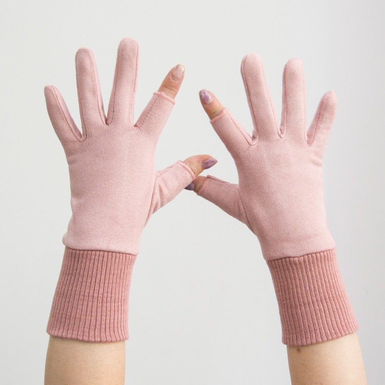 秋冬季弹力加厚半指游戏二骑行露手指两指手套冬天女加绒麂皮绒春