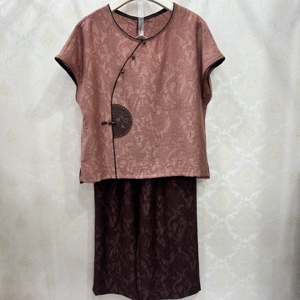 26096新款棉麻短袖套装大码中年女装妈妈装国风套裤