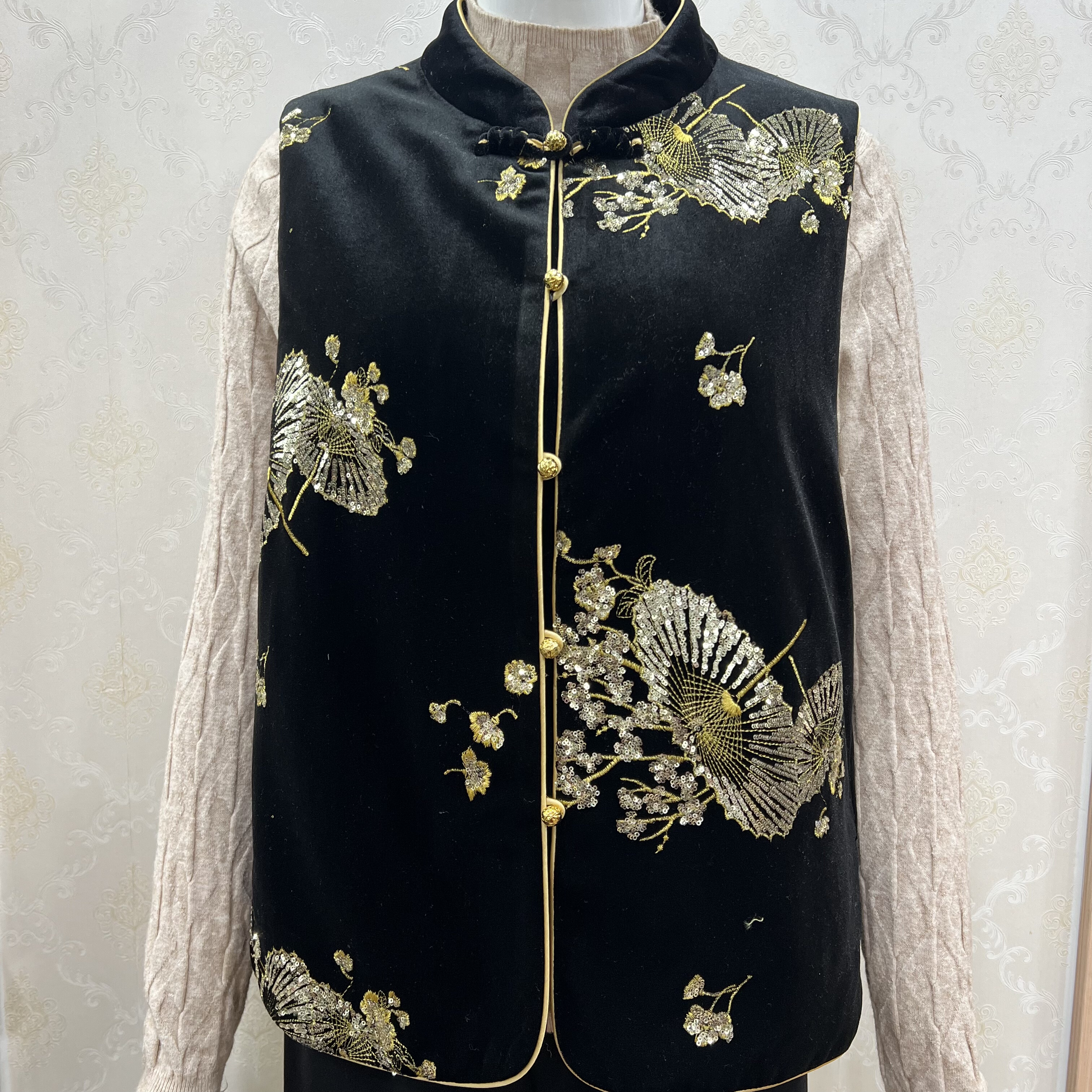 若男佳人65269冬季加绒新中式国风复古亮片刺绣显瘦马夹丝绒夹棉