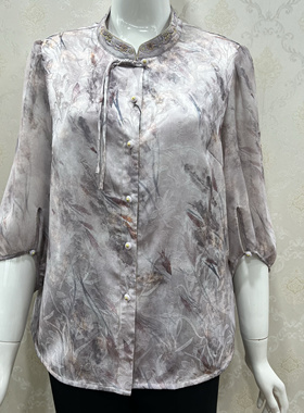 若男佳人春夏新款中年女装妈妈装七分袖衬衣新中式国风纱袖65068