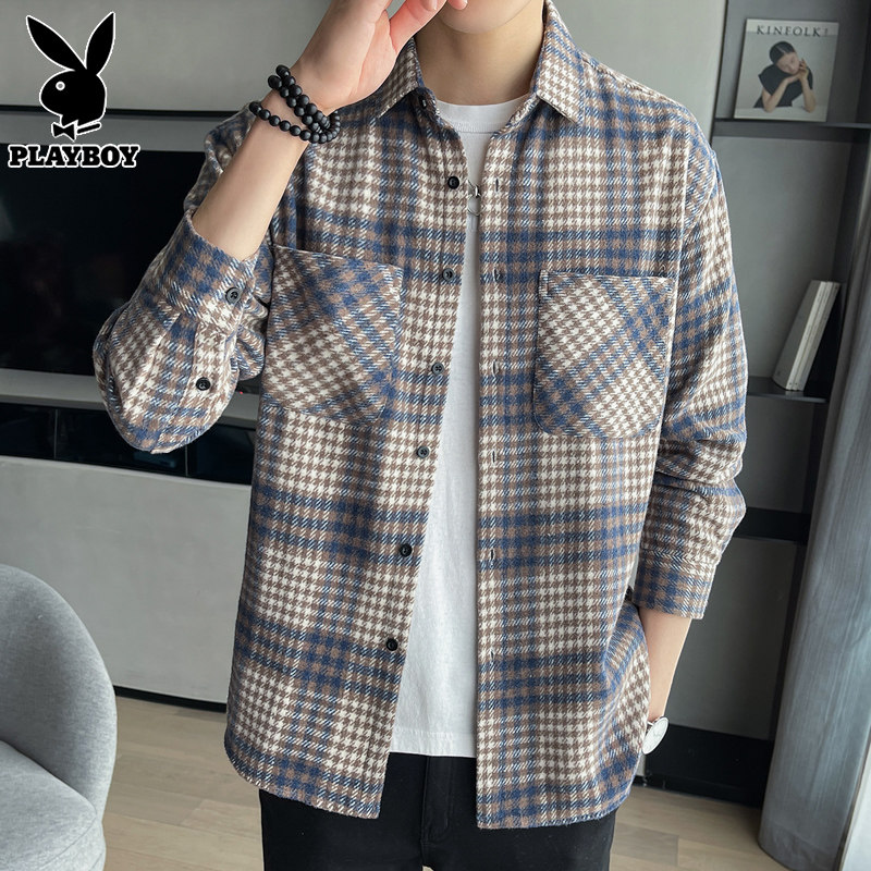 花花公子衬衫男士衬衣长袖寸衫上衣秋季新款潮牌宽松蓝格子外套男
